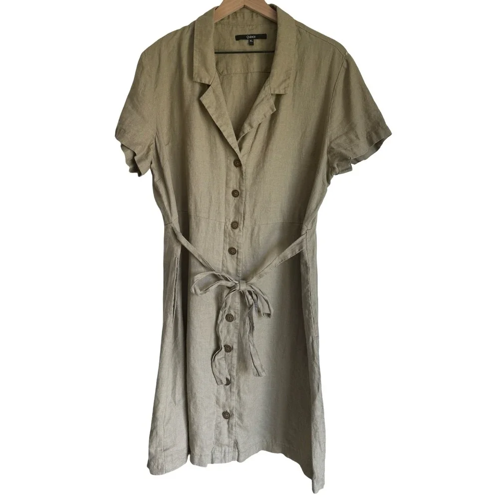 Quince Linen Button Front Shirt Dress Olive Green Short Sleeve Tie Waist XL